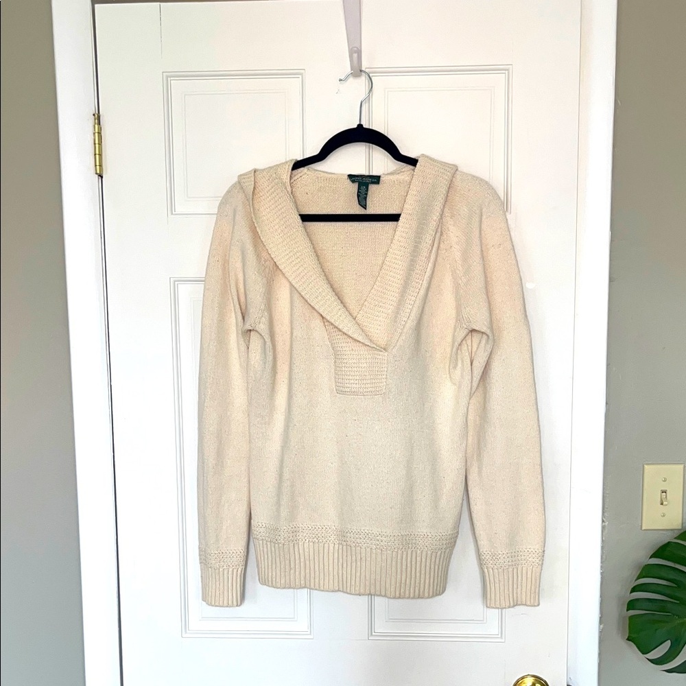 Lauren Ralph Lauren chunky white sweater coastal grandma hood L